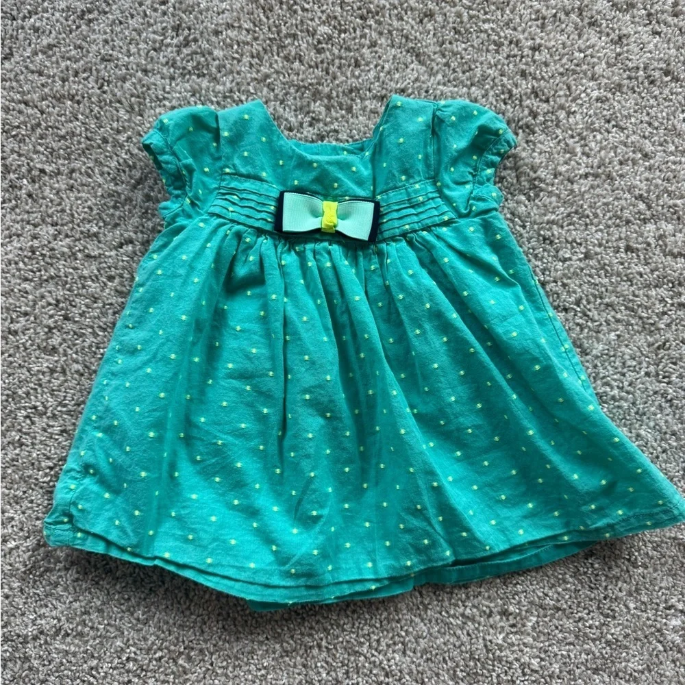 Baby Girl Teal Polka Dot Dress Bow Detail Short Sleeve sundress Size 3-6 months